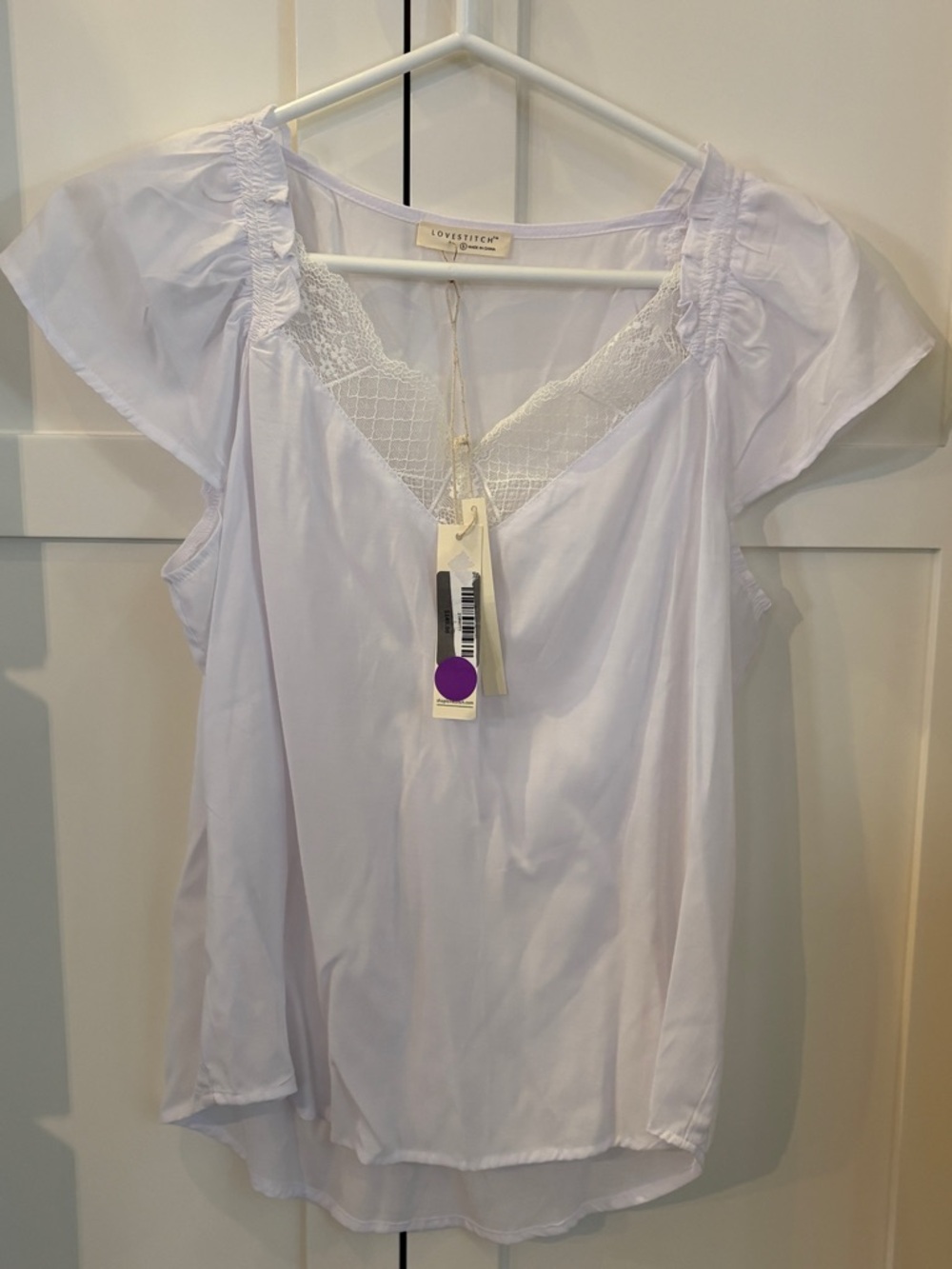 lovestitch White Lace-Trim Flutter Sleeve Blouse